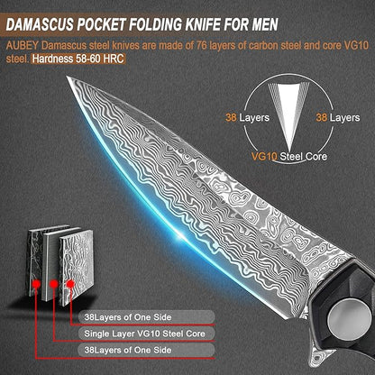 AUBEY Damascus Pocket Knife for Men with Clip EDC, 3.23" VG10 Core Damascus Steel Blade Folding Knife with Black Aluminum Handle, Sharp Camping Knife