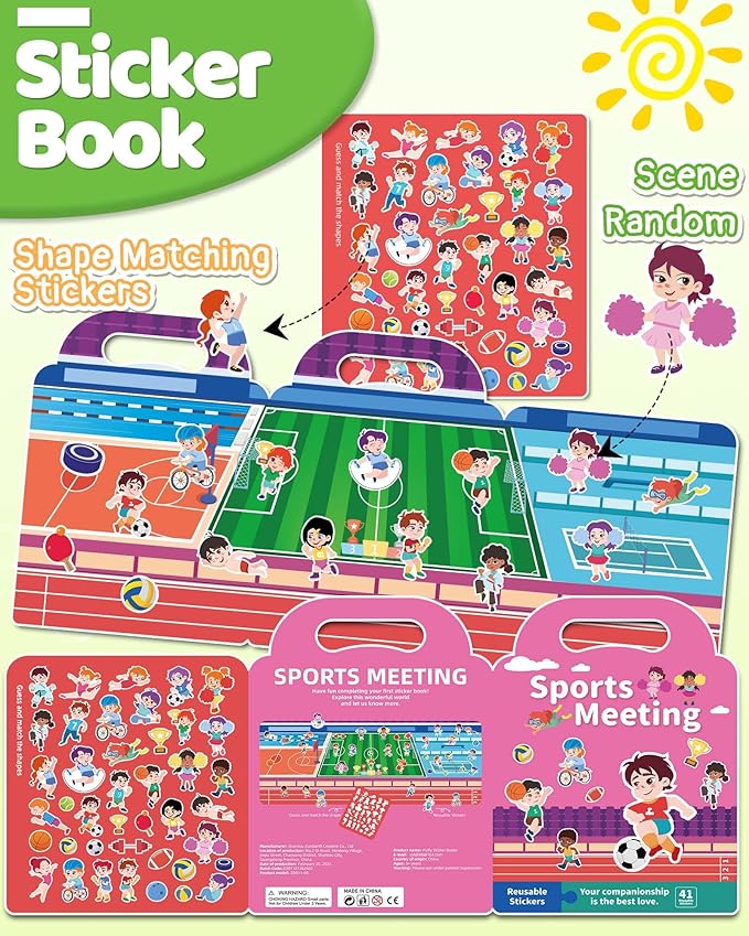 Benresive Reusable Sticker Book for Toddlers 2-4 Years, Fun Travel Stickers for Kids, Waterproof Sticker Books for Toddlers 1-3, Crafts Activities for Todddlers 1-3 2-4 3-5 - Sports