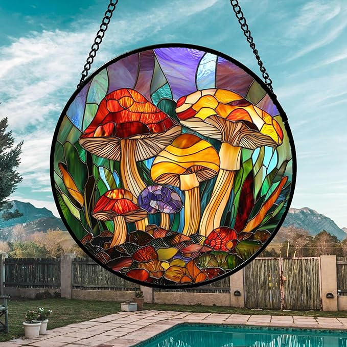DASTOLL Stained Glass Window Hanging, Jungle Mushrooms Sun Catchers Diamond