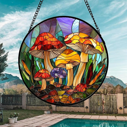 DASTOLL Stained Glass Window Hanging, Jungle Mushrooms Sun Catchers Diamond