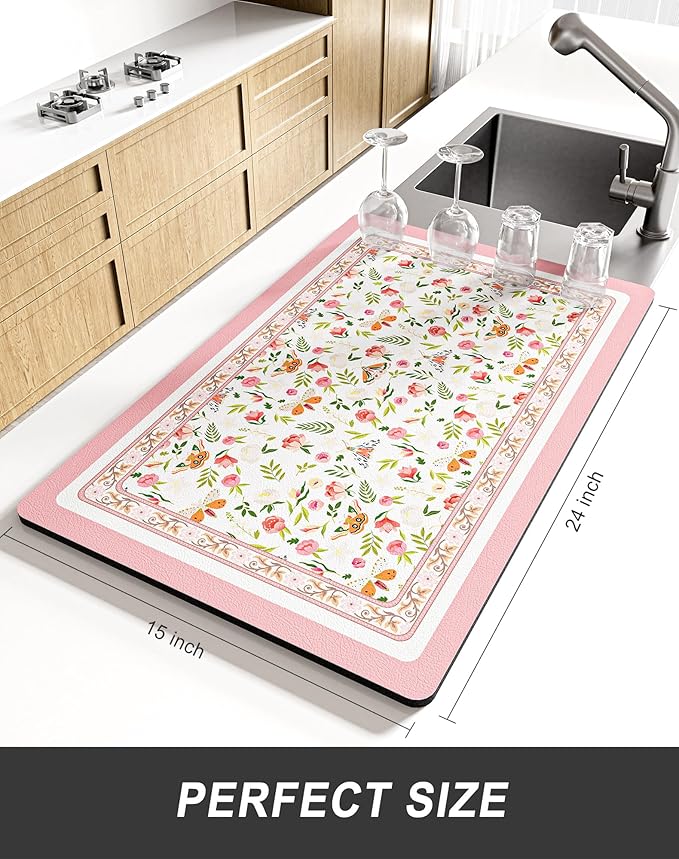 Rnivvi Dish Drying Mat for Kitchen Counter, XL 15 x 24" Cute Flower Theme