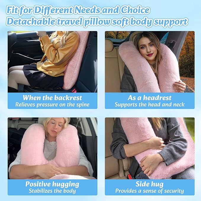 Swemos Travel Pillow, Car Pillow for Kids & Adults - Ergonomic Travel Pillows Sleeping Aid for Neck & Body Support, Car Travel Essentials Pillow on Road Trips-Pink