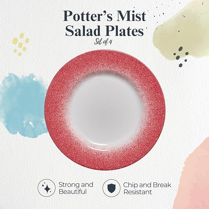 Portmeirion Potter's Mist Dinner Plate (Set of 4) - 8" Earthenware Plates with Classic Mist Rim - Microwave, Dishwasher, Freezer, Oven Safe - Ideal Modern Dinnerware Set (Red Mist)