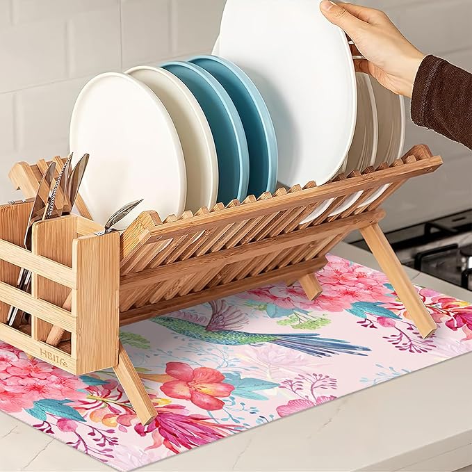 Humming Bird Dish Drying Mats 18x24 Inch, Tropical Flowers Dish Pad Drying Rack