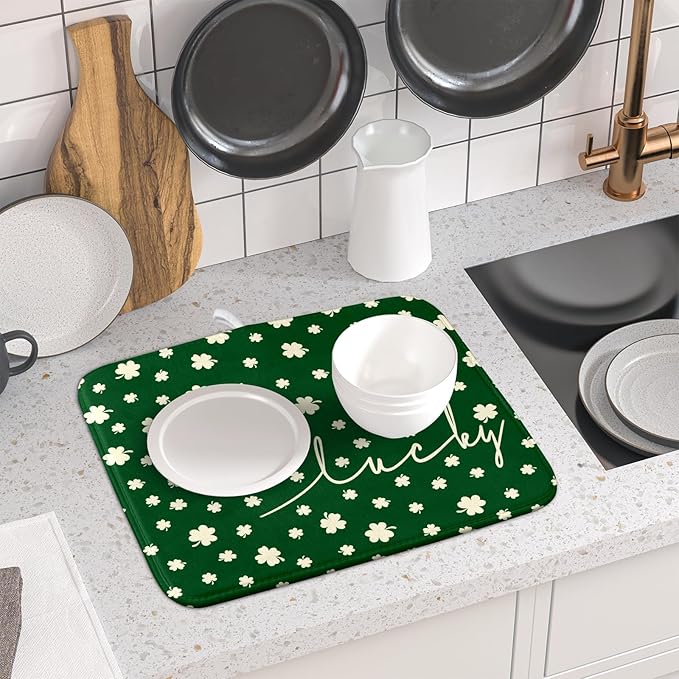 Giwawa St Patricks Day Dish Drying Mat Green Lucky Clovers Dish Drainer Mats