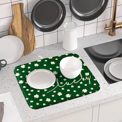 Giwawa St Patricks Day Dish Drying Mat Green Lucky Clovers Dish Drainer Mats