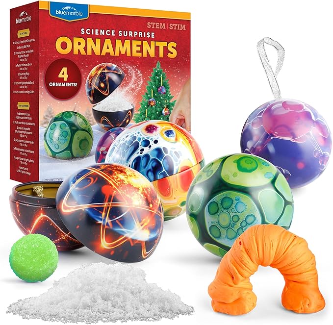 Blue Marble Science Surprise Christmas Ornament Kit for Kids – 4 Ornaments with Holiday Science Experiments Inside - Bouncy Ball Craft, DIY Instant Snow Activity, Stocking Stuffers for Boys and Girls