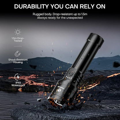 Rechargeable Flashlights High Lumens with Ignition Lens,2000 lumens LED Super Bright Zoomable FlashLight with 5 Mode, IPX6 Waterproof Powerful Tactical Flash light for Home,Gift,Outdoor and Emergency