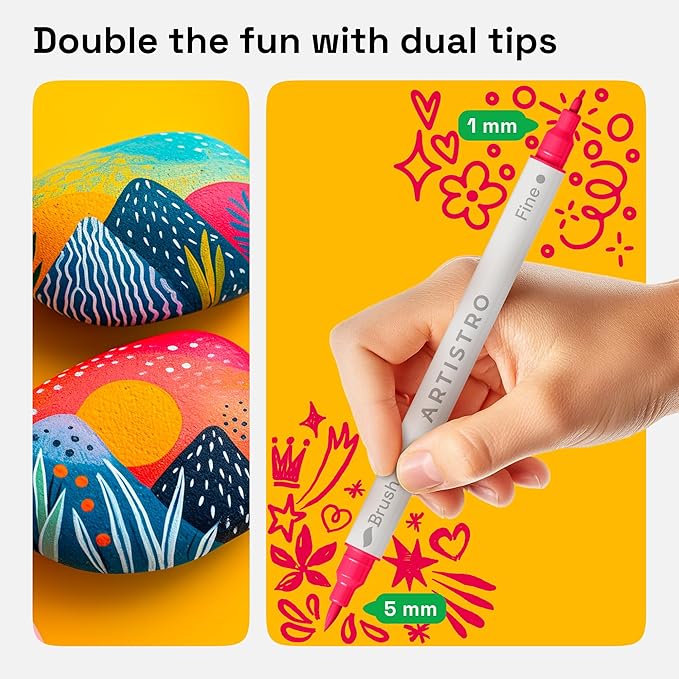 ARTISTRO 72 Dual Tip Brush + Fine Acrylic Paint Pens Ideal for Calligraphy - Paint Markers for Fabric, Rock, Glass, DIY - Stocking Stuffers, Christmas Gift Idea for Teens, Grandkids, Kids