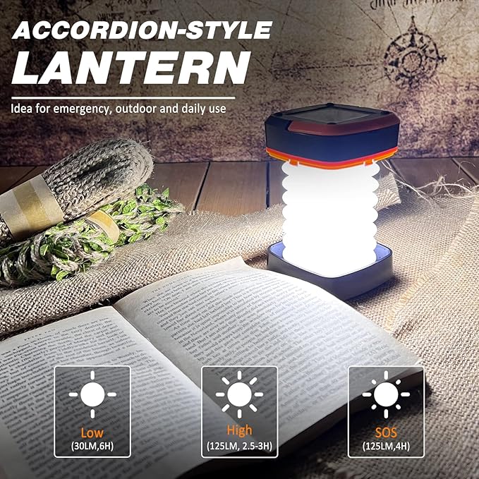 2-Pack Folding Solar Camping Lantern Flashlights, DIBMS Mini Collapsible USB Rechargeable Waterproof Hanging Light Power Bank for Camping Hurricanes Emergency Power Outages Indoor Outdoor