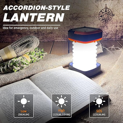 2-Pack Folding Solar Camping Lantern Flashlights, DIBMS Mini Collapsible USB Rechargeable Waterproof Hanging Light Power Bank for Camping Hurricanes Emergency Power Outages Indoor Outdoor