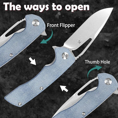 KANSEPT Kryo Pocket Knife 8.08in Folding Knives with 3.58in12C28N Steel Drop Point Blade and Blue Micarta Handle for Outdoor, Tactical, Survival and EDC T1001M3