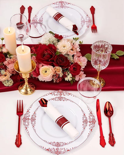 Nervure 350PCS Red Plastic Plates - White Red Plastic Dinnerware Set for 50 Guests - 100 Red Disposable Plates, 50 Pre Rolled Cutlery Set, 50 Cups Perfect for Wedding, Party & Christmas