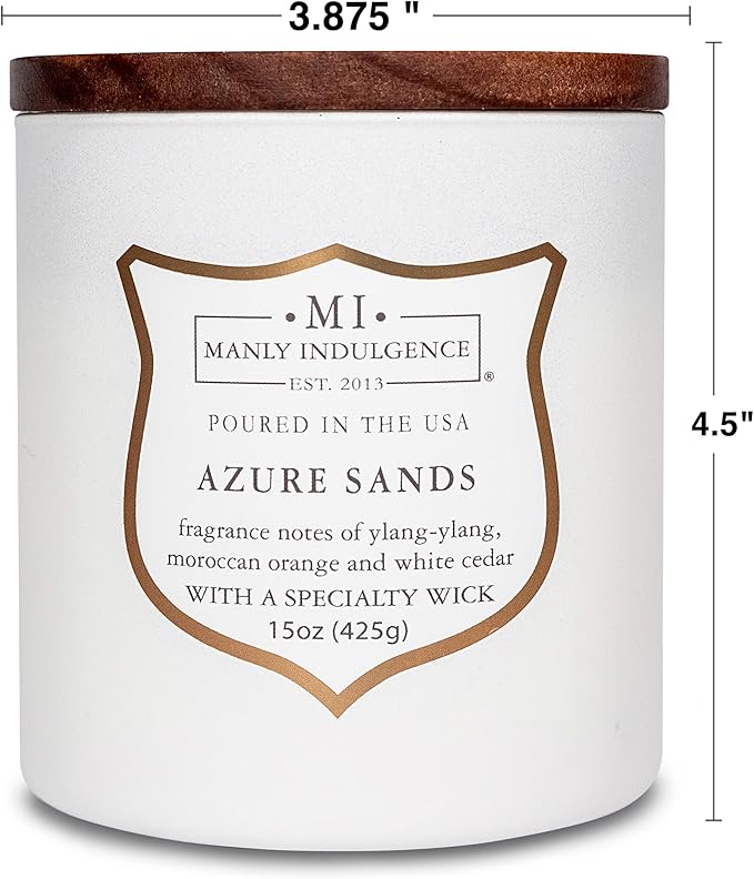 Manly Indulgence Azure Sands Scented Candles for Men, 15 oz Wooden Wick, Premium Soy Blend Wax, 60H Burn, Candles for Home Scented - Made in The USA