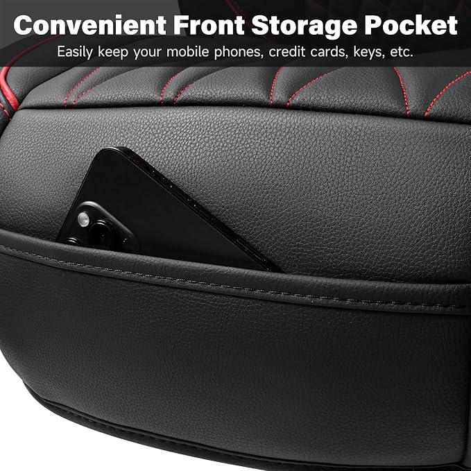 CAR PASS Luxury PU Leather Two Front Car Seat Covers, Waterproof Seat Covers Compatible with Front Seat Armrests, Airbag Compatible Anti- Slip Universal Fit for Cars Suvs Vans Trucks Black Red