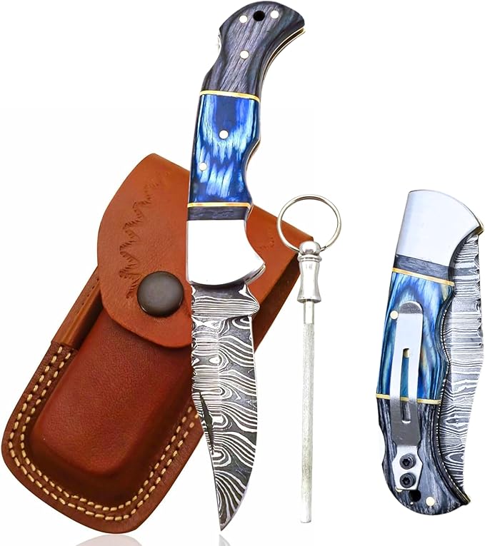 Handmade Damascus Pocket Knife for Men - 6.5 Inches Damascus Folding Pocket Knife with Clip Belt Holster Sheath - Pocket Knives & Folding Knives with Back Lock - EDC Knife Pocket.(Blue with Clip)