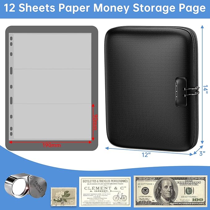 Coin Collection Album with Lock,350 Pockets Fireproof Hard Coin Collection Book&36 Sleeves Currency Collection Binder Storage for up to 45mm Coins(Quarter),Bill,Stamp,Postcard-Black