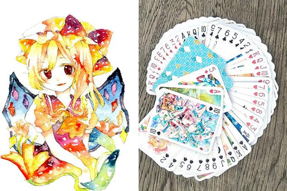 Kawaii Anime Girls Playing Cards (Poker Deck 54 Cards All Different) Cute Watercolor Japan Manga Anime