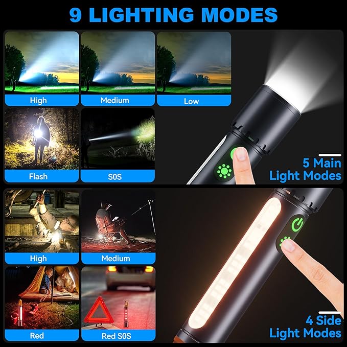 Magnetic Flashlight Rechargeable,2000LM 5000mAh Flashlights High Lumens with 9 Modes,Waterproof, Adjustable,Powerful Flash Light,Multi-Flashlights for Home,Car,Hiking,Camping