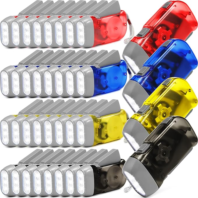 Treela 36 Pcs Hand Crank Flashlights Operation Christmas Bulk Items Squeeze Flashlight No Battery Required Torchlight 3 Powered Charging for Emergency(Yellow, Gray, Blue, Red)