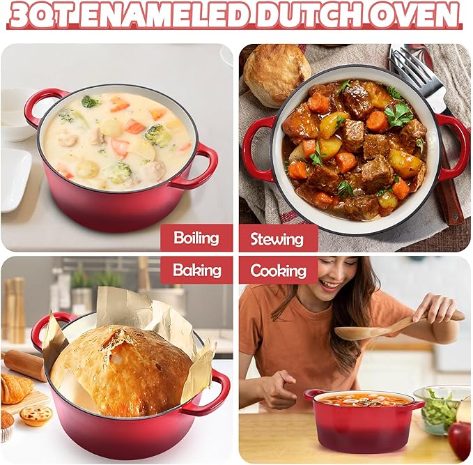 TeamFar 3qt Dutch Oven, Small Enameled Cast Iron Dutch Oven Pot