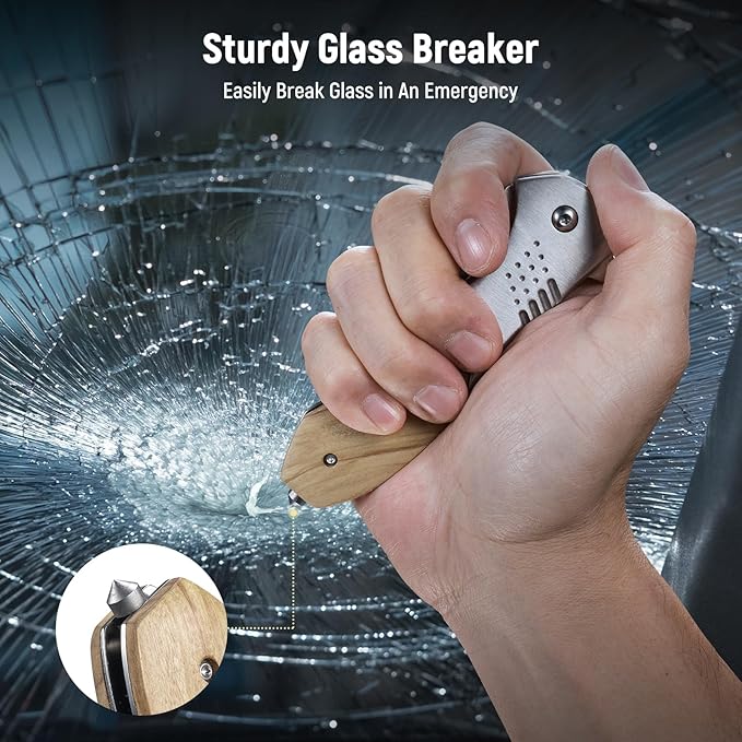 Folding Pocket Knife - 3.46" Sharp Blade Olive Wood Handle Pocket Knives with Clip, Glass Breaker - EDC Knife for Dad Women Tactical Hunting Survival Camping Fishing Hiking - Sliver