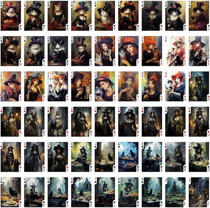 Wicca Witch Playing Cards (Poker Deck 54 Cards All Different) Elegant Witch Ladies with Black Cats Drinking Wine on Cemetery Vintage Illustration