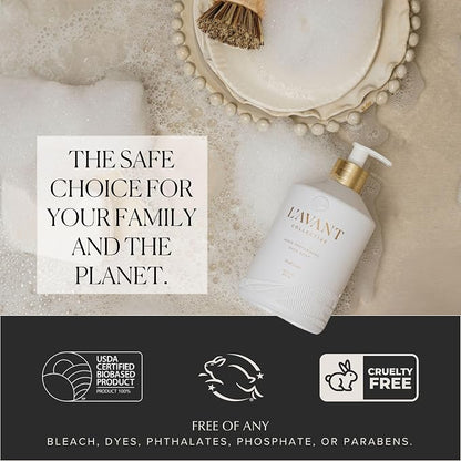 L'AVANT Collective Natural Dish Soap, Plant-Based, Fresh Linen, 16 Fl Oz | Plant-based formula, grease-cutting power, refillable glass pump bottle, kid and pet safe, cruelty-free, Fresh Linen scent
