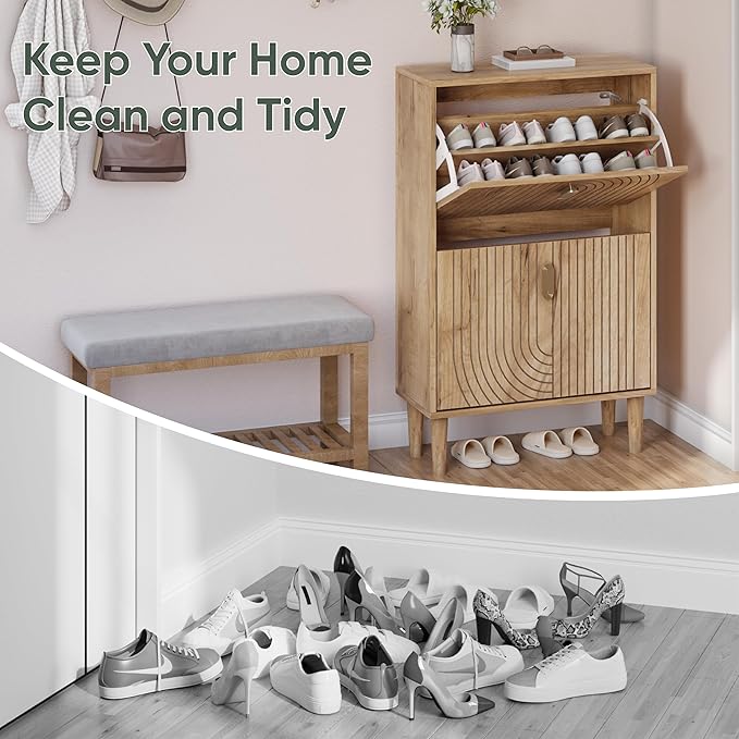 Smuxee Shoe Cabinet with 2 Flip Drawers, 23.6" Oak Hidden Shoe Storage Cabinet