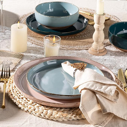 AmorArc Ceramic Dinnerware Sets for 4, 12 Pieces Handpainted Plates and Bowls Set with Rustic Terracotta Underside, Scratch Resistant Stoneware Dishes Set, Dishwasher & Microwave Safe, Multi-Color