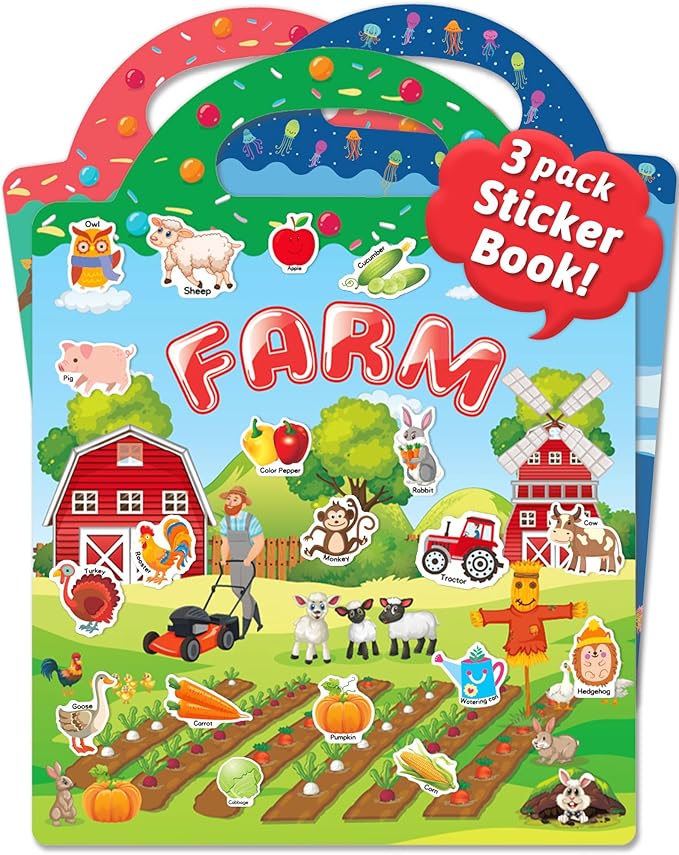 Benresive Reusable Sticker Book for Toddlers 2-4 Years, 3 Sets Travel Stickers for Kids, Waterproof Sticker Books for Toddlers 1-3, Crafts Activities for Todddlers 1-3 2-4 3-5