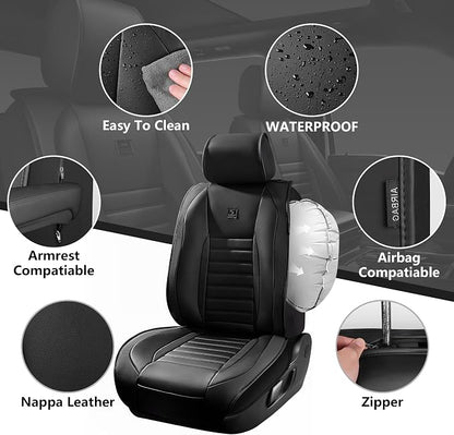 CAR PASS Nappa Leather Car Seat Covers Front Seats, Luxury Seat Protector for Cars, Waterproof Anti-Slip Seat Cushion Airbag Compatible Universal for Sedan SUV Pick-up Truck Automotive Vehicle, Black