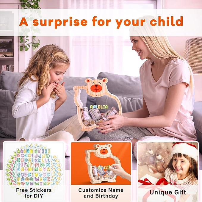 Wooden Bear Piggy Bank for Kids with Letter Stickers, Unbreakable Large Money Box for Boys, Girls, Cute Wooden Coin Bank, Piggy Money Jar Personalized Gift, Educational Toy for Kids