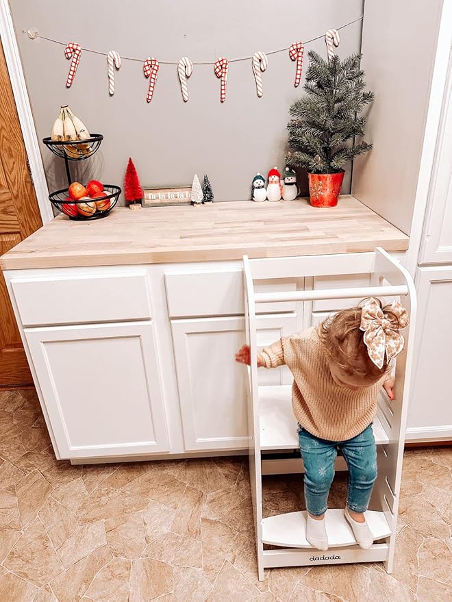 dadada Baby Montessori Toddler Tower - Adjustable Kitchen Step Stool for Kids with Safety Rail - Baby-Safe Finish, Encourages Cooking Skills and Independence - White