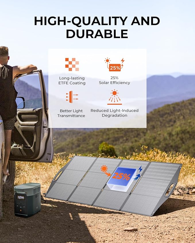 200W Solar Panel, BigBlue SolarPowa 200 Solar Panel Charger with Kickstand for Camping, IP68 Waterproof, Portable and Lightweight, 25% Solar Efficiency, DC5521/8020/7909/ XT60 Plug for Power Station