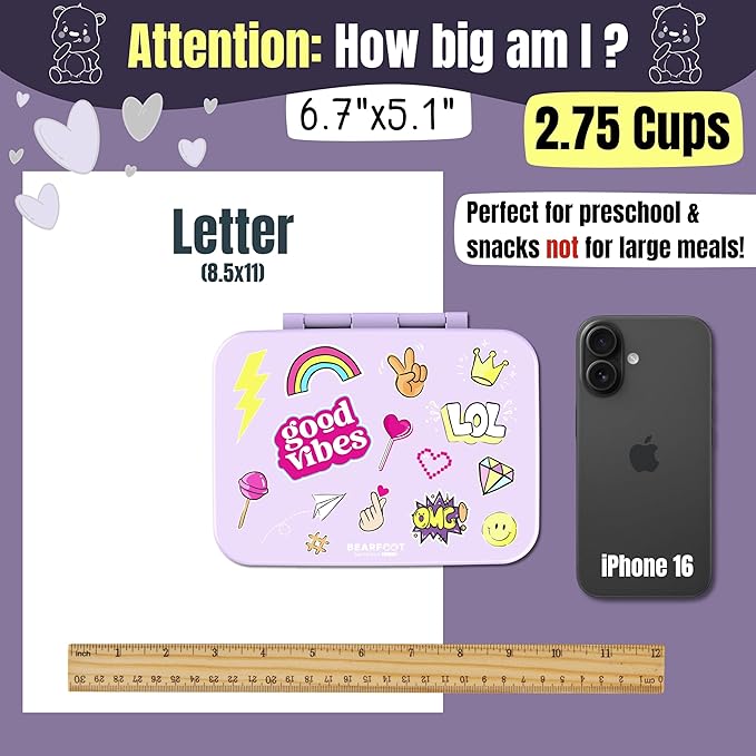 BEARFOOT Kids Lunch Box with Compartments – Compact & Lightweight | Leak-Proof, BPA-Free, Dishwasher & Microwave Safe | Hand-Drawn Design for Preschool, School, Travel (Sticker Purple, 2.75 Cups)