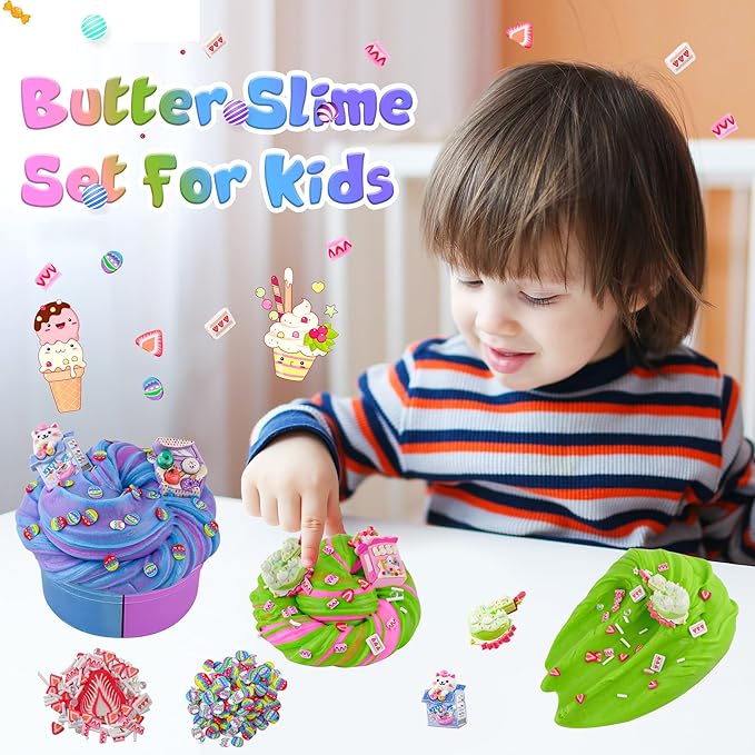 LAWOHO 2X120ml Butter Slime Kit Includes Two-Toned Butter Slime with 6 Packs Add-Ins, Slime for Kids Party Favors, Dessert Butter Slime Kit for Girls Boys Birthday Halloween Christmas Easter Gifts