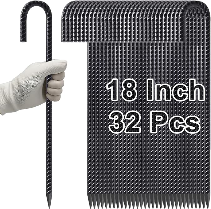 VVOKGO Rebar Stakes 18 Inch J Hook Heavy Duty Ground Anchors (32-Pack), 3/8" Diameter Metal Steel Extra Long Fence Stakes with Chisel Point End for Greenhouse, Gazebo, Carport, Camping Tents, Black