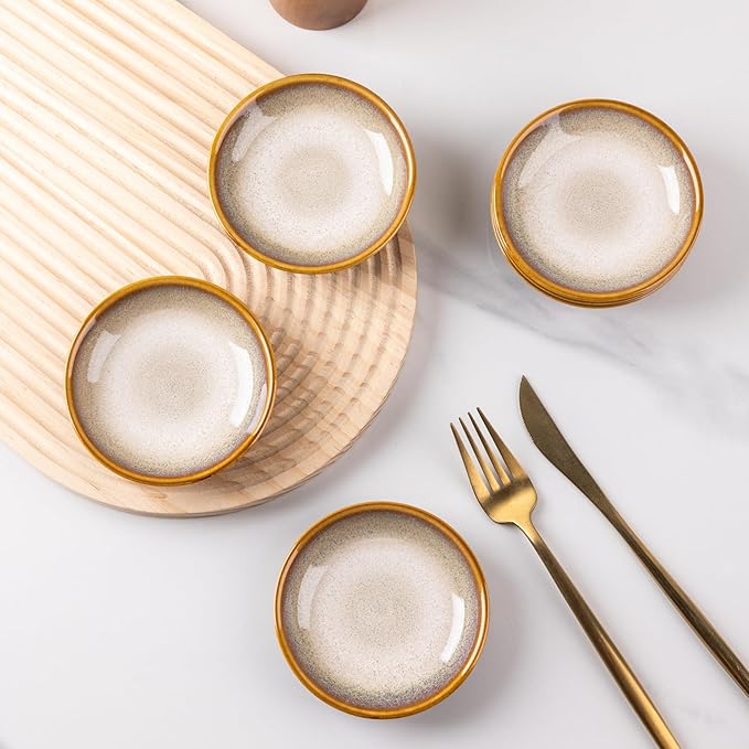 LERATIO Ceramic Soy Sauce Dishes of 6, Reactive Glaze Dipping Sauce Cups/Bowls for Kitchen, 3oz Small Bowls for Side Dishes, Snacks, Sushi, Condiment, Dishwasher Safe - Khaki