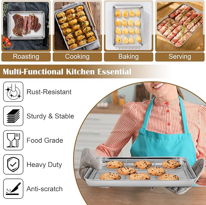 E-far Baking Sheet with Wire Rack, Stainless Steel Cookie Sheets Pan & Cooling
