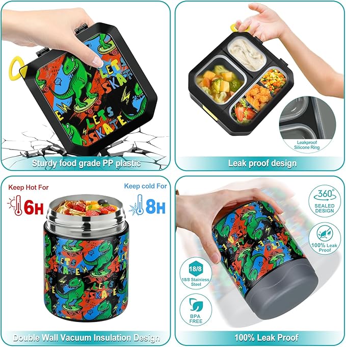 Bento Lunch Box for Kids with 12oz Soup Thermo Leak-Proof Lunch Food Container with 5 Compartment Thermo Hot Food Jar and Insulated Lunch Bag for Kid Toddler Girls Boys to School