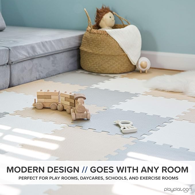 Play Platoon Non-Toxic Foam Puzzle Floor Mat, Comfortable, Extra Thick, Cushiony Exercise and Play Mat for Toddlers, Kids & Adults, 36 Tiles (12"x12"), Warm Grey/Cream/Sand