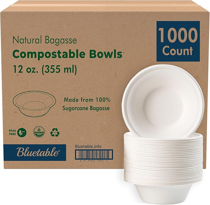 Paper Bowls Disposable Bowls Compostable [1000 Pack] Bulk 12 oz Biodegradable Bowl - Case Pack Good For Hot Soup Chili - Made from 100% Sugarcane, Eco-Friendly Bagasse Bowls Natural [1000 Pack/Case]