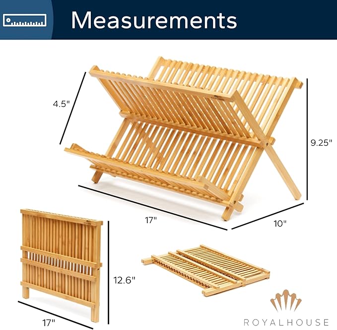 RoyalHouse Premium Natural Bamboo Dish Rack, Collapsible Dish Drainer, Foldable