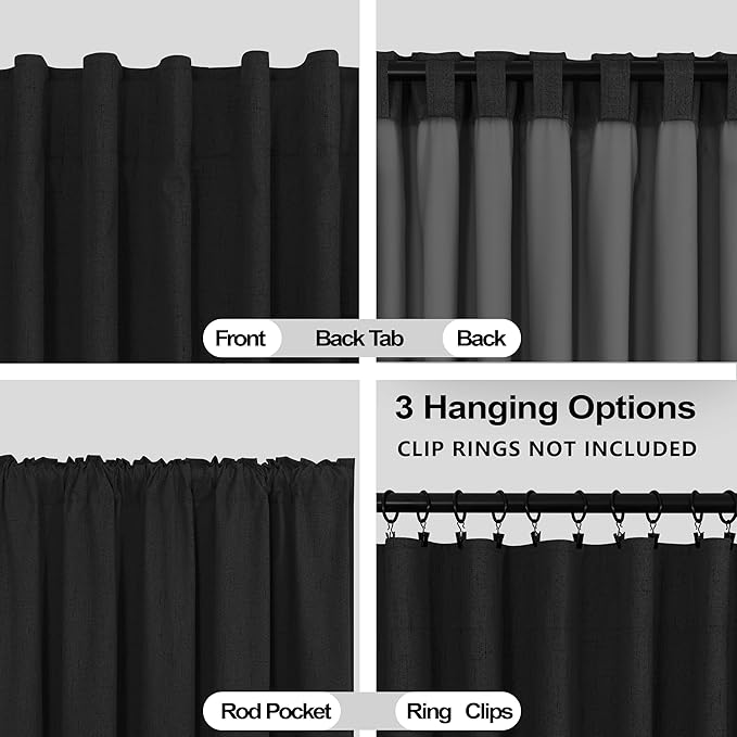 KOUFALL 72 Inch Black Curtains for Bedroom, Linen Thermal Blackout Back Tab
