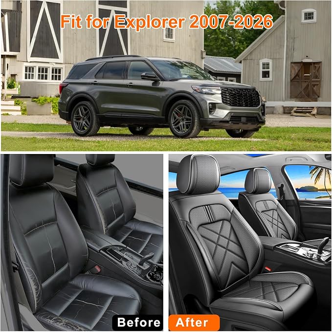 Explorer Car Seat Covers Custom Fit for Ford Explorer 2004-2025 2026 Full Coverage Leather Waterproof Breathable Seat Covers, Automotive Seat Protectors, Airbag Compatible(2 Front Seats, Black)