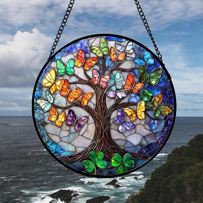 DASTOLL Stained Glass Window Hanging, Butterfly Tree Clover Sun Catchers Glass