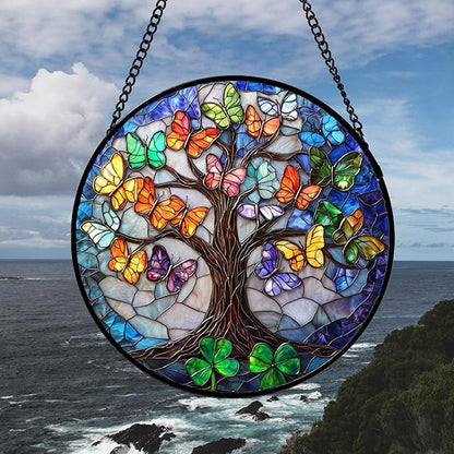 DASTOLL Stained Glass Window Hanging, Butterfly Tree Clover Sun Catchers Glass