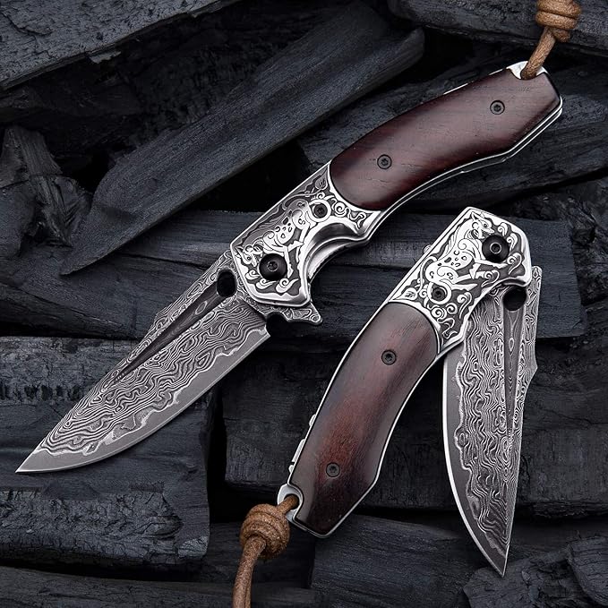 Handmade japanese vg10 damascus steel pocket knife,rosewood handle,sheath,liner lock,folding knives for outdoors camping hiking fishing