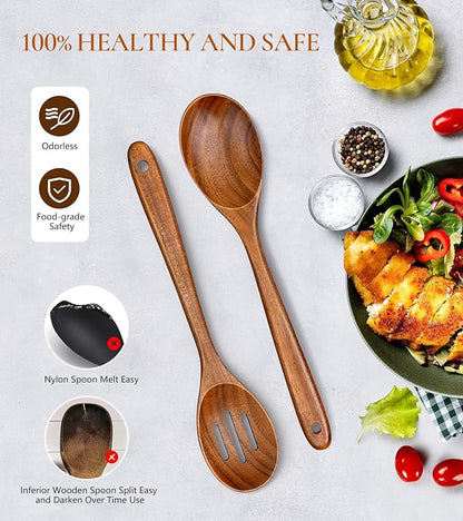 2Pcs Wooden Spoons for Cooking, Natural Premium Teak Wooden Spoon & Slotted